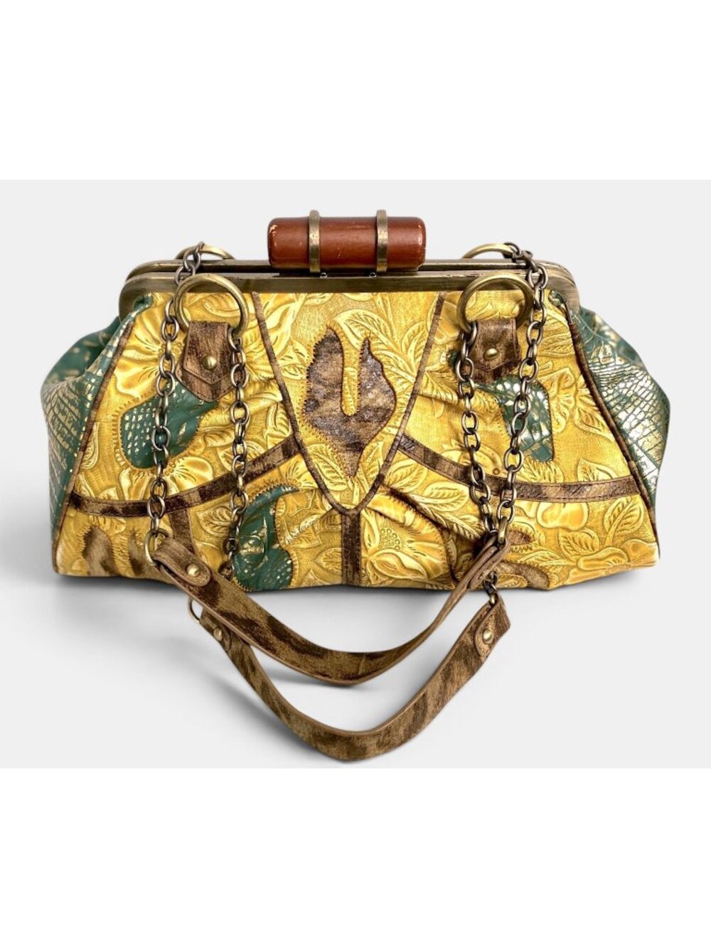 Vintage Sharif Studio Embossed Leather Floral Animal Print Suede Satchel Bag